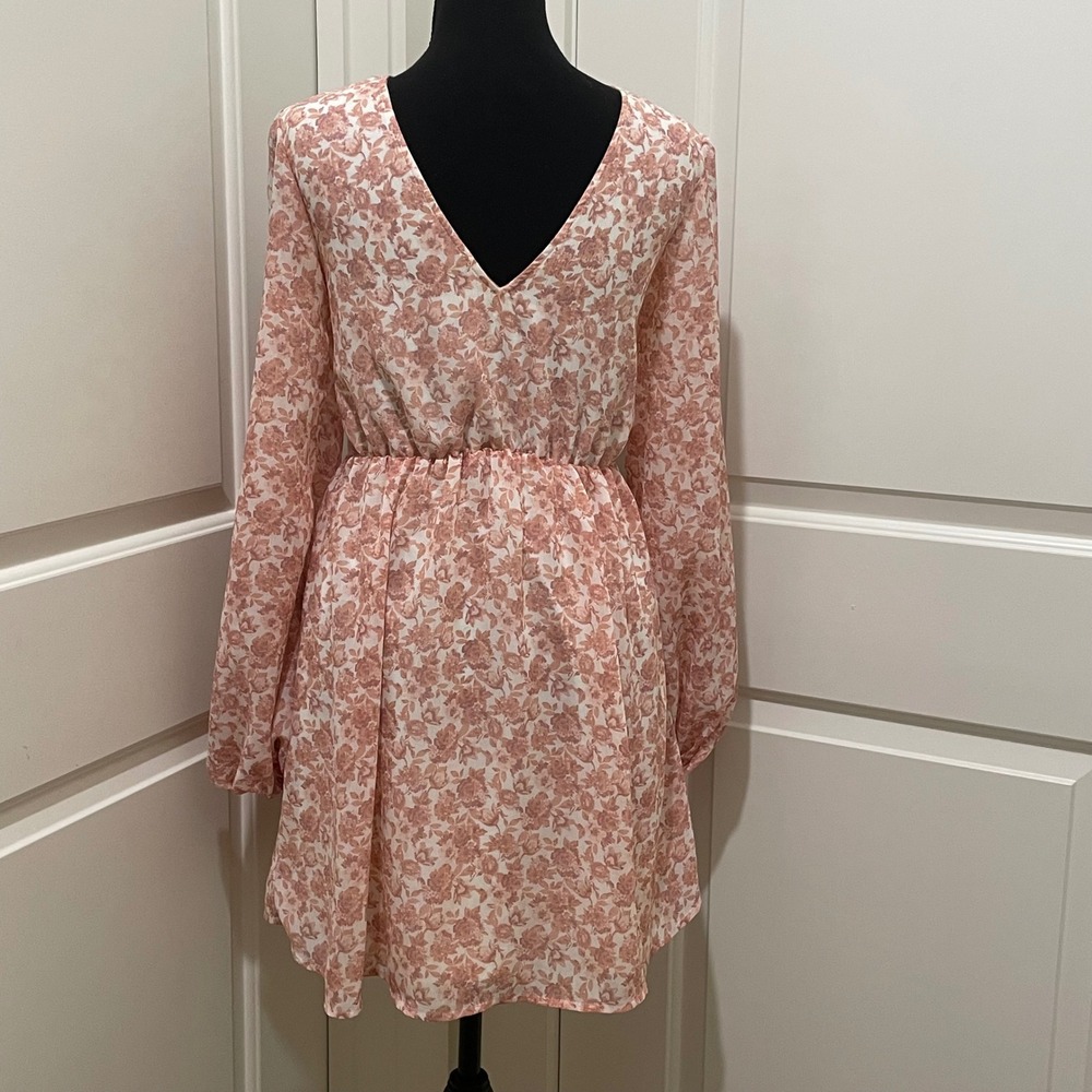 NA-KD Floral Lace Up‎ V Neck Long Sleeve Mini Dress Peach White Size 36